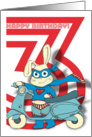 Birthday card, 3 year old, cute superhero bunny with scooter, cape. card