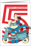 Birthday card, 5 year old, cute superhero bunny with scooter, cape. card