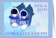 It’s a Boy! Congratulations! Oil painting of baby shoes in blue. card