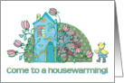 Housewarming invitation, cute little bird and turquoise house, flowers card