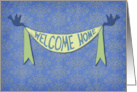 Welcome Home Little Birds with Ribbon Banner and Pattern Background card