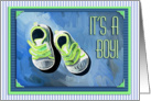 Birth announcement, It’s a boy! Painted baby shoes, blue, stripes. card