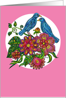 Illustration - blue birds, flowers and leaves, hand drawn, colorful. card