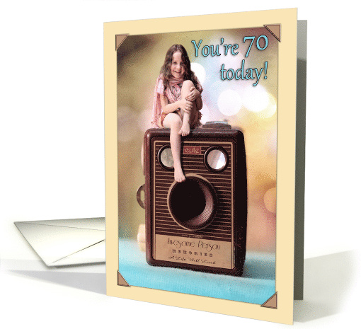 Happy 70th Birthday with Cute Smiling Girl on Vintage Camera card