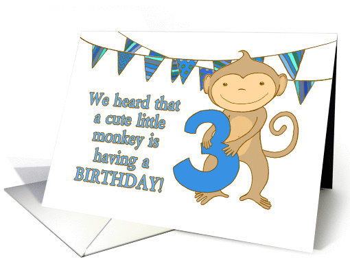 Birthday card, 3rd birthday, cute little monkey, blue, bunting card