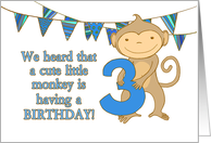Birthday card, 3rd birthday, cute little monkey, blue, bunting card