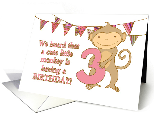 Happy Birthday Three Year Old with Cute Monkey and Bunting card