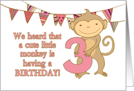 Happy Birthday Three Year Old with Cute Monkey and Bunting card