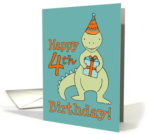 Happy 4th Birthday with Cute Dinosaur & Gift in Teal Blue... (1023141)