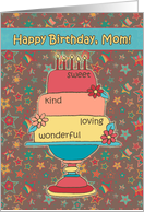 Happy Birthday, Mom, cake, stars, daisies, kind words. card