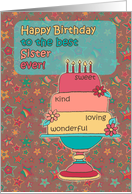 Happy Birthday, Sister, cake, stars, daisies, kind words. card