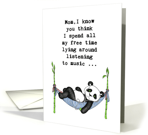 Mother's Day, cute panda listening to music, humor, illustration card