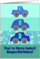Happy Birthday, three today! Cars, numbers, blue, green, stars card