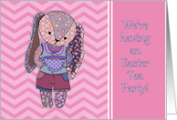 Easter Tea Party Invitation, cute patchwork bunny, chevron, pink. card