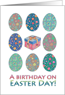 Birthday on Easter Day, eggs, patterns, gift box illustration card