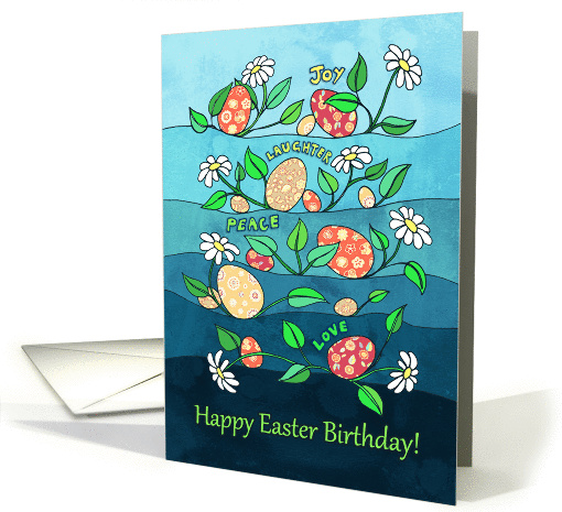 Happy Birthday on Easter, decorated Easter eggs, daisies, teal card