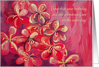 Anniversary Birthday, painting of flowers, pink, red, purple, colorful card