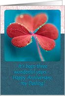 3rd Wedding Anniversary for spouse, pink clover macro, hearts card