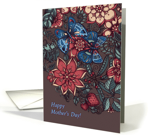 Happy Mother's Day, hand drawn flower & butterfly illustration. card