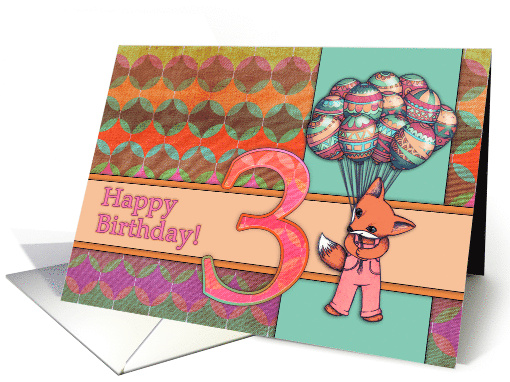 Happy 3rd Birthday with Cute Fox with Balloons and Retro Patterns card