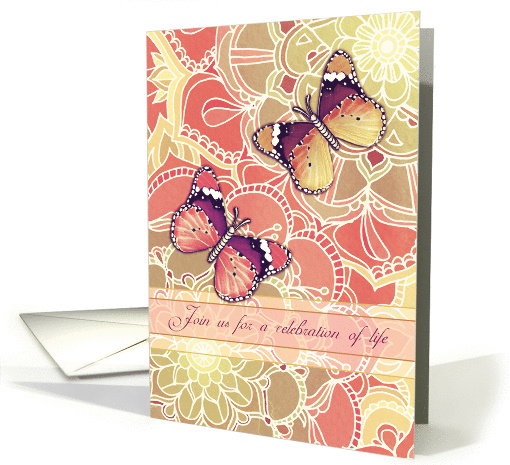 Celebration of life, memorial invitation, butterflies, flowers card
