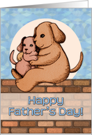 Happy Father’s Day, dog & puppy illustration, blue, cream, brown card