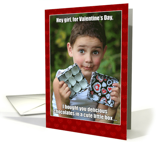 Funny Valentine Meme with Cute Boy and Chocolate Box with Hearts card