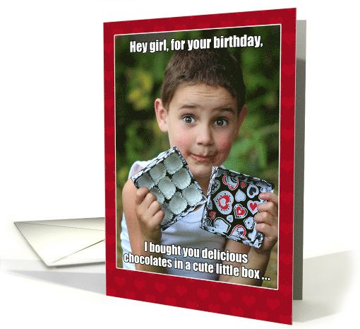 Birthday for Her Meme with Cute Funny Boy and Chocolate Box card