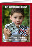 Birthday for Her Meme with Cute Funny Boy and Chocolate Box card