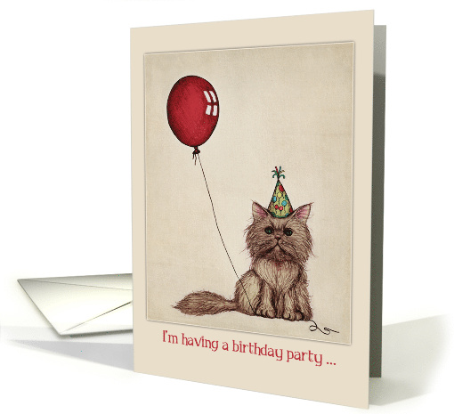 Birthday Party Invitation with Red Balloon and Cute Kitten card