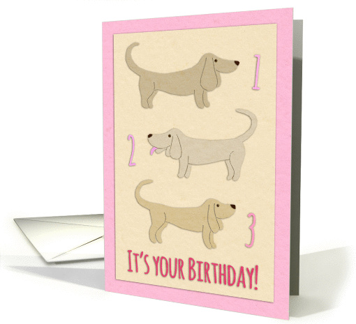 Happy 3rd Birthday, dachshund illustration, tan, pink, cream card