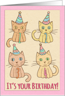 Happy 4th Birthday with Cute Cats Wearing Party Hats in Pastel Colors card
