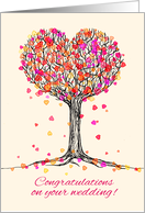 Congratulations on your wedding! Cute heart tree illustration, pink. card