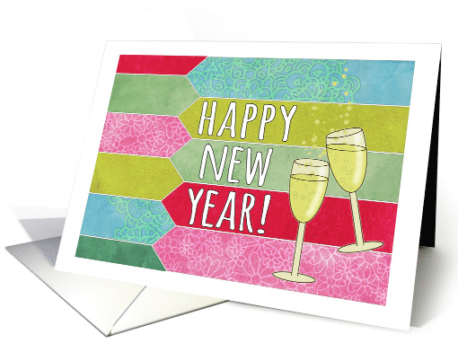 Happy New Year with Bubbly Glasses and Colorful Patterns card