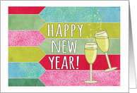 Happy New Year! Champagne glasses, pink, blue, lime, mint patterns card