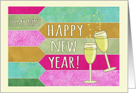 Happy New Year to my Aunt! Champagne glasses, mint, purple patterns card
