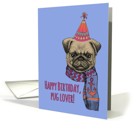 Happy Birthday, Pug Lover! Cute pug, chevron scarf, party hat. card