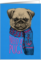 Need a pug? Thinking of you, cute puppy to cheer you up, chevron, dog card