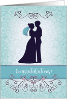 Congratulations, Wedding Day, Bridal couple silhouette, blue, lavender card