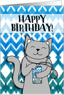Happy Birthday, cat listening to music, blue & white ikat pattern card