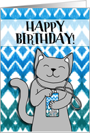 Happy Birthday with Cat Listening to Music and Patterned Background card