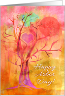 Happy Arbor Day! Mixed media tree with heart & sun, pink, gold, yellow card
