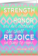 Proverbs 31:25 Birthday card for her, scripture, rainbow ikat pattern card