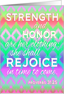 Proverbs 31:25 Birthday card for wife, Scripture, rainbow ikat pattern card