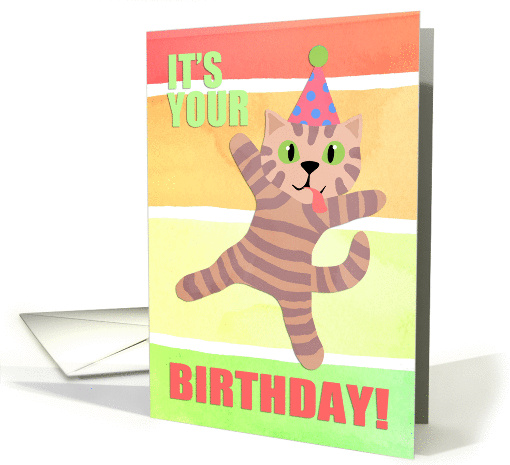It's your birthday! Crazy cat in party hat, fun pastel colors card