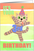 It’s your 3rd birthday! Crazy cat in party hat, fun pastel colors! card