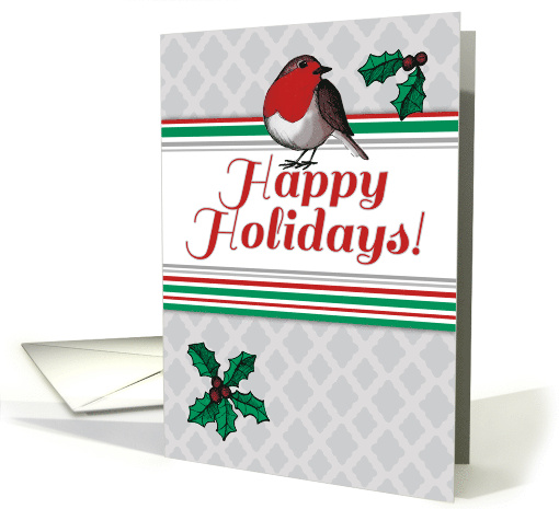 Happy Holidays Christmas Robin & Holly Berries in Red White Green card