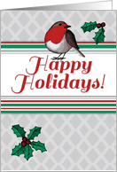 Happy Holidays Christmas Robin & Holly Berries in Red White Green card