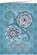 Congratulations, sister & husband, on wedding day! Blue floral design card
