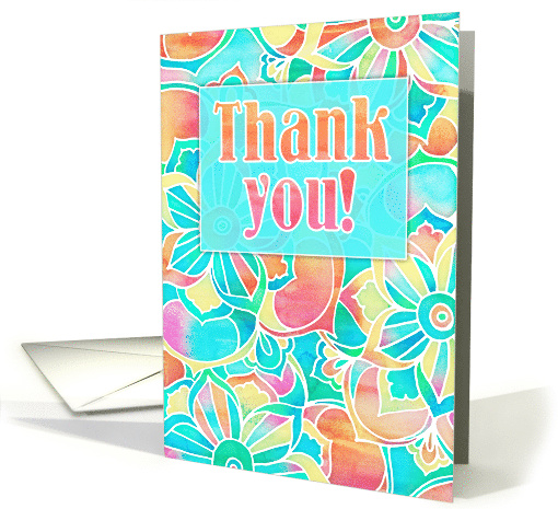Thank You with Bright Colorful Tropical Watercolor Floral Pattern card